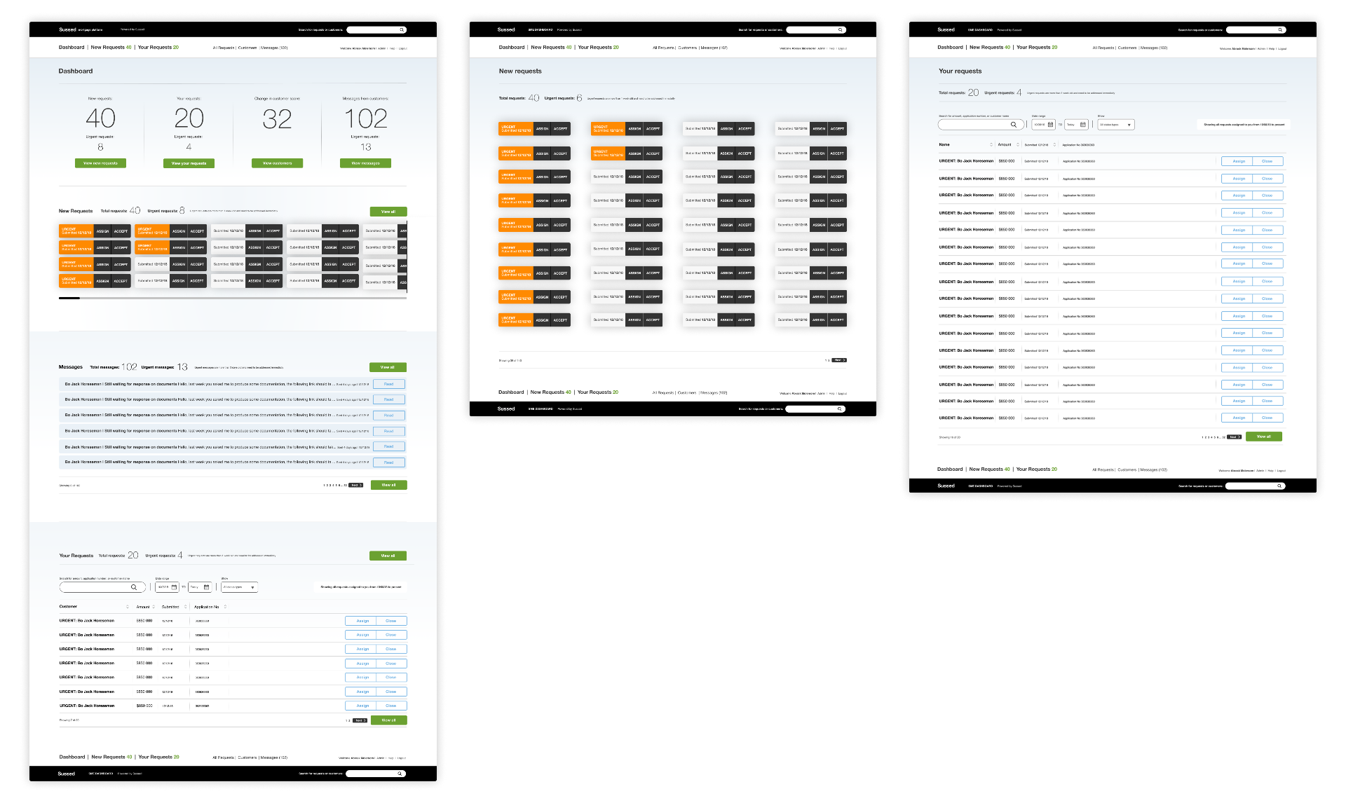 Screens for the partner dashboard to manage mortgage assessments.