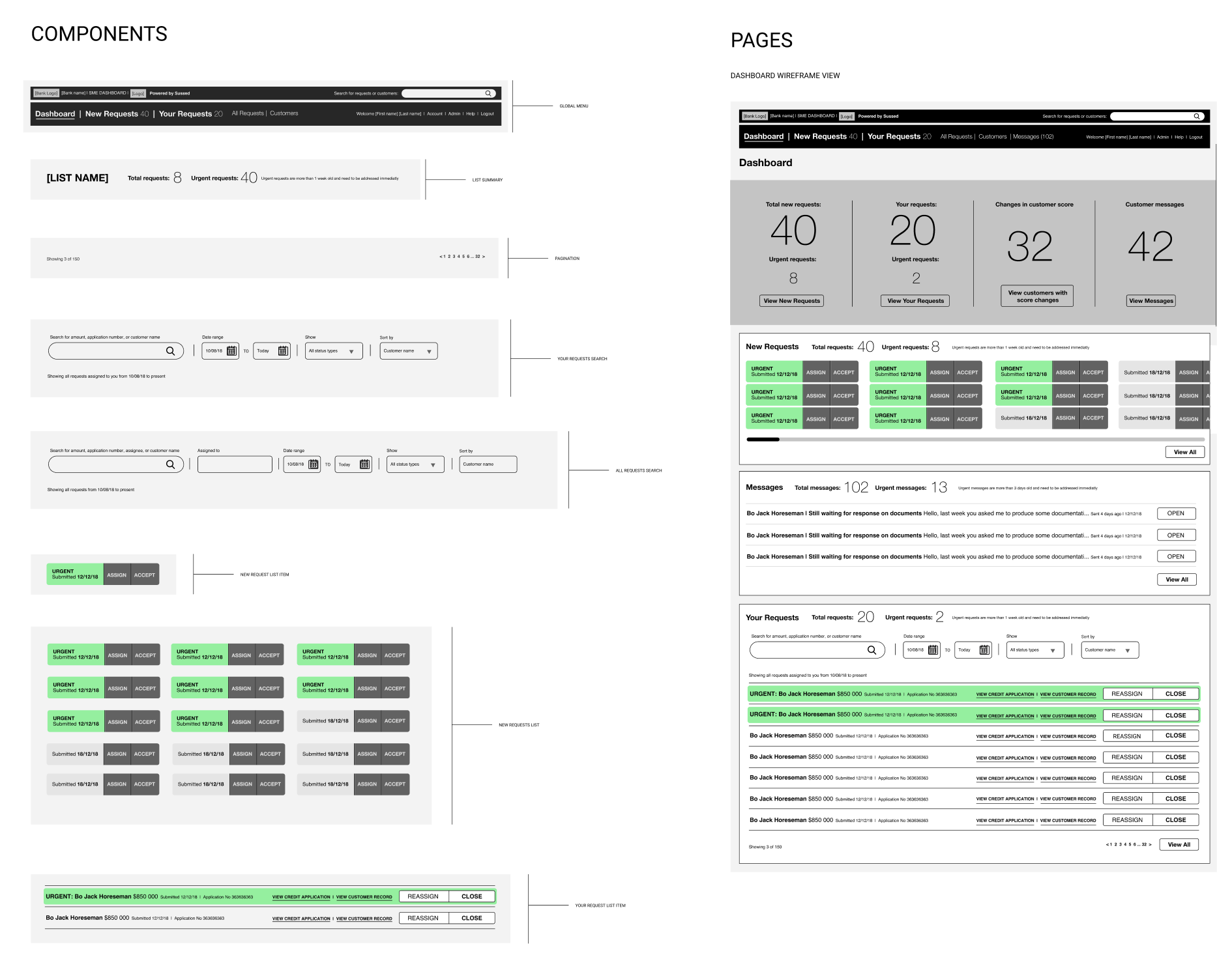 Early wireframe and design system development.